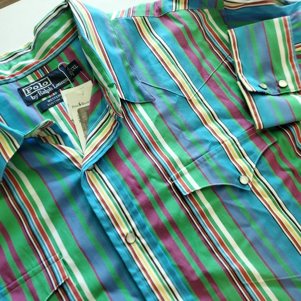 New Vintage Polo Ralph Lauren Mens 2XL Striped Pearl Snap Western Shirt NWT